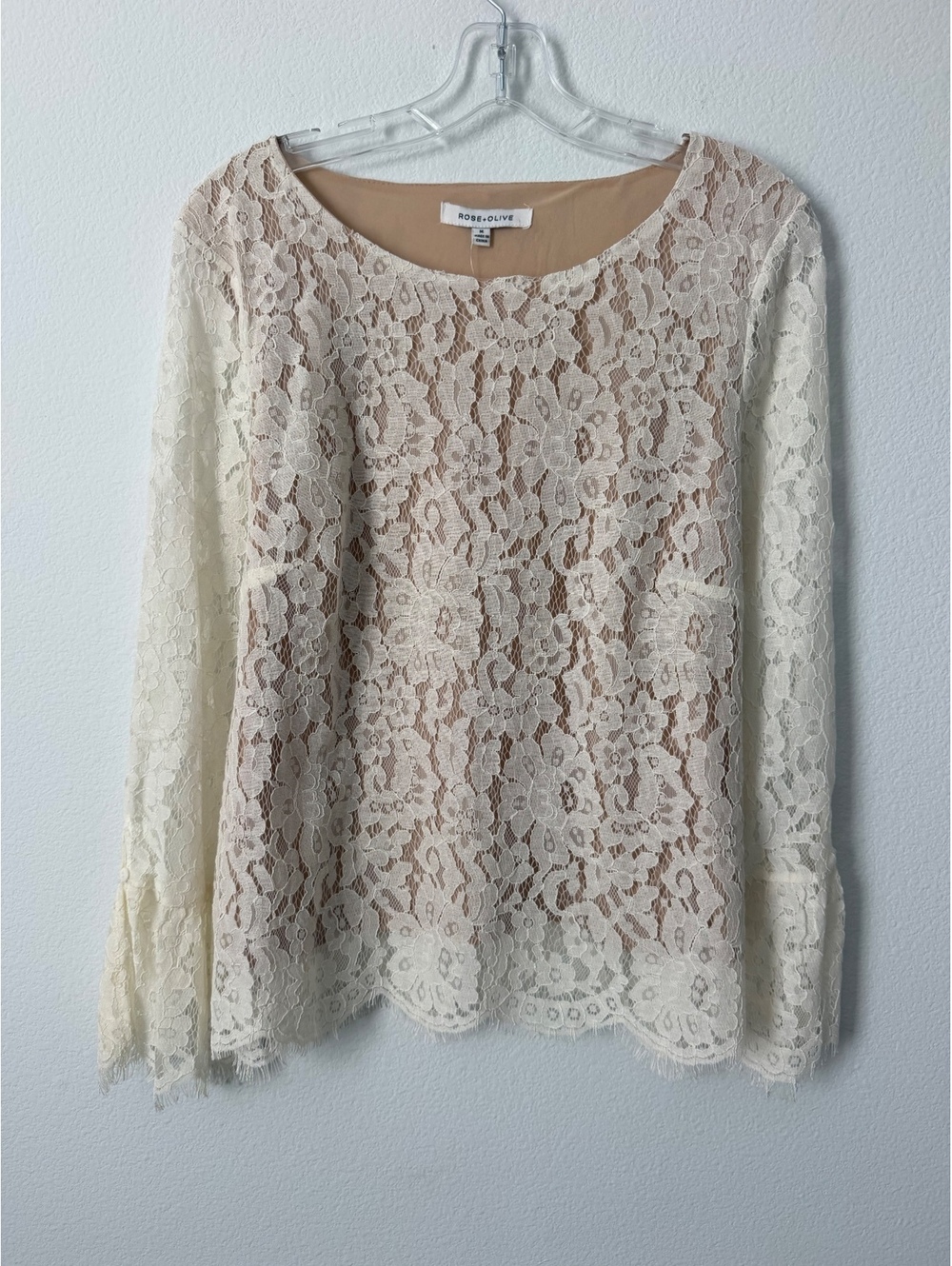 Rose + Olive Floral Cream Lace Overlay Long Sleeve Semi-sheer Blouse Size M